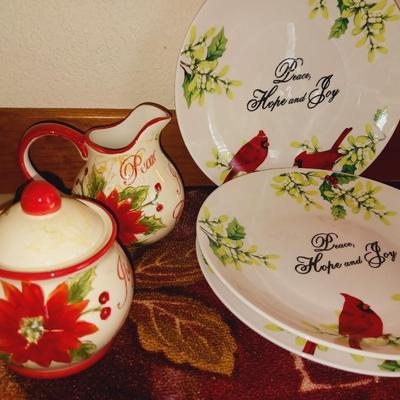 CHRISTMAS DINNERWARE AND A GLASS SHALLOW BOWL