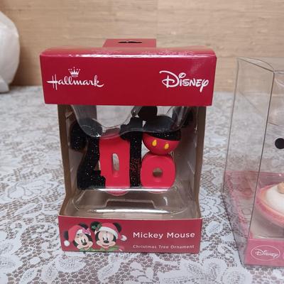 DISNEY HALLMARK MICKEY MOUSE CHRISTMAS ORNAMENTS AND A VINYL FIGURE