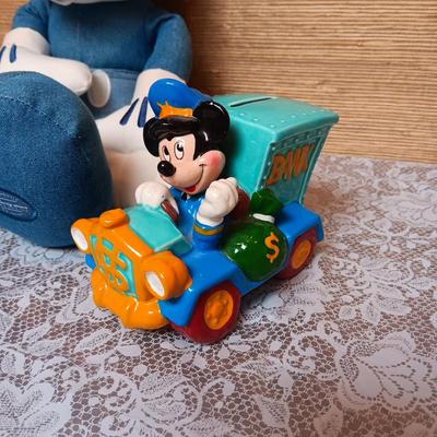 DENIM DISNEY PLUSH MICKEY MOUSE, COIN BANK AND ORNAMENT