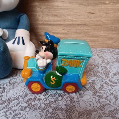 DENIM DISNEY PLUSH MICKEY MOUSE, COIN BANK AND ORNAMENT