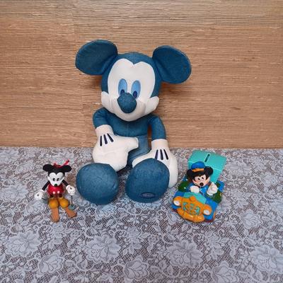 DENIM DISNEY PLUSH MICKEY MOUSE, COIN BANK AND ORNAMENT