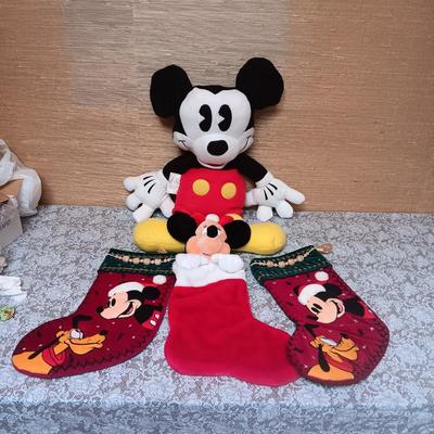 MICKEY MOUSE PILLOW AND 3 CHRISTMAS STOCKINGS