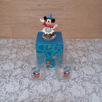 WALT DISNEY MICKEY SORCERER RESIN CLOCK AND 2 GLASSES