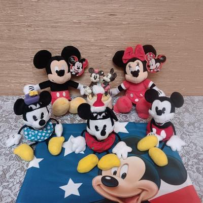 HALLMARK MICKEY AND MINNIE FIGURINE, PLUSH AANIMALS AND A FLAG