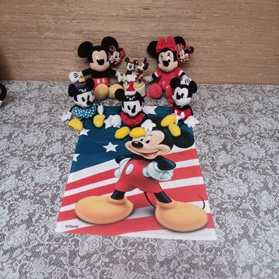 HALLMARK MICKEY AND MINNIE FIGURINE, PLUSH AANIMALS AND A FLAG