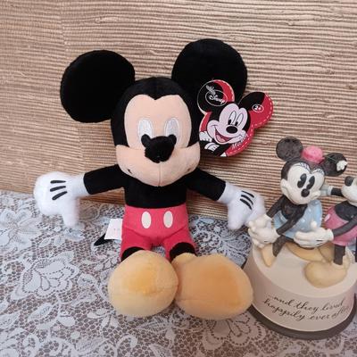 HALLMARK MICKEY AND MINNIE FIGURINE, PLUSH AANIMALS AND A FLAG
