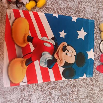 HALLMARK MICKEY AND MINNIE FIGURINE, PLUSH AANIMALS AND A FLAG