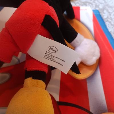 HALLMARK MICKEY AND MINNIE FIGURINE, PLUSH AANIMALS AND A FLAG