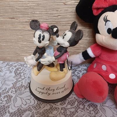 HALLMARK MICKEY AND MINNIE FIGURINE, PLUSH AANIMALS AND A FLAG