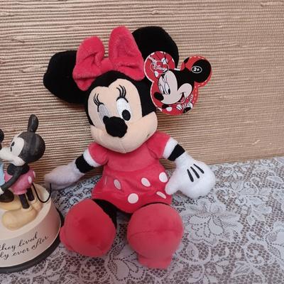HALLMARK MICKEY AND MINNIE FIGURINE, PLUSH AANIMALS AND A FLAG