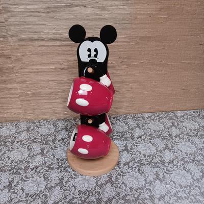 MICKEY MOUSE 4 MUGS AND A WOODEN PEGGED HOLDER