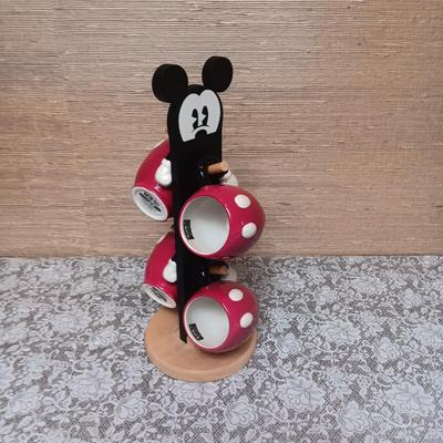 MICKEY MOUSE 4 MUGS AND A WOODEN PEGGED HOLDER
