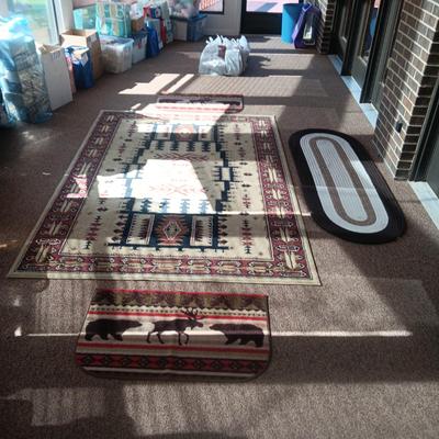 NORTHFORK AREA RUG, 2 RUBBER BACK MOOSE RUGS AND A HALL RUNNER RUG