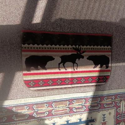 NORTHFORK AREA RUG, 2 RUBBER BACK MOOSE RUGS AND A HALL RUNNER RUG