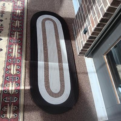 NORTHFORK AREA RUG, 2 RUBBER BACK MOOSE RUGS AND A HALL RUNNER RUG