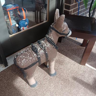 CERAMIC DONKEY YARD ART, 2 IRON PLANT STANDS AND A PLASTIC PATIO TABLE