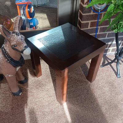 CERAMIC DONKEY YARD ART, 2 IRON PLANT STANDS AND A PLASTIC PATIO TABLE