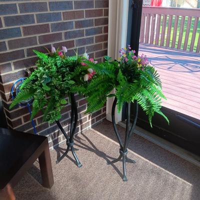 CERAMIC DONKEY YARD ART, 2 IRON PLANT STANDS AND A PLASTIC PATIO TABLE