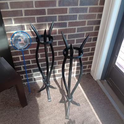 CERAMIC DONKEY YARD ART, 2 IRON PLANT STANDS AND A PLASTIC PATIO TABLE
