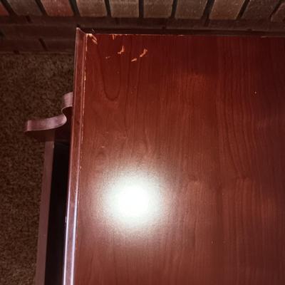 MICROFIBER TUFTED OTTOMAN AND SAUDERS MAGAZINE TABLE WITH CABINET