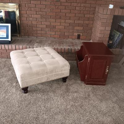 MICROFIBER TUFTED OTTOMAN AND SAUDERS MAGAZINE TABLE WITH CABINET
