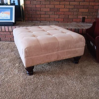 MICROFIBER TUFTED OTTOMAN AND SAUDERS MAGAZINE TABLE WITH CABINET