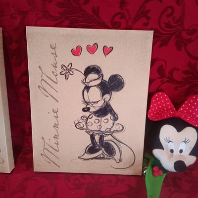 CANVAS MICKEY AND MINNIE MOUSE PICTURES, DISNEY ORNAMENTS AND FIGURES PLUS MINNIE HAT