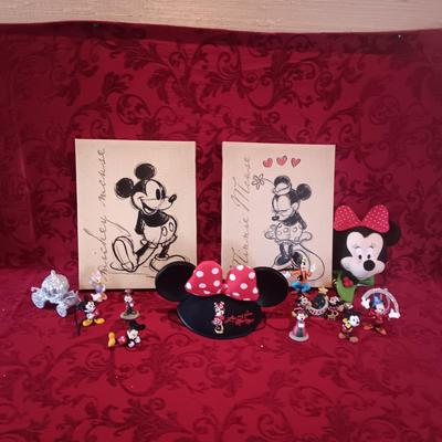 CANVAS MICKEY AND MINNIE MOUSE PICTURES, DISNEY ORNAMENTS AND FIGURES PLUS MINNIE HAT