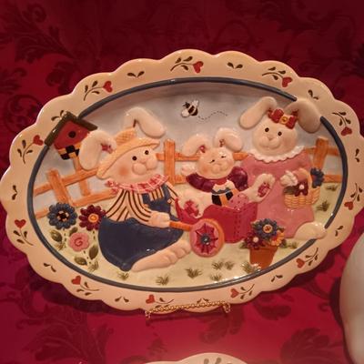 EASTER PLATTER AND PLATES, RABBIT COOKIE JAR AND PLUSH RABBIT