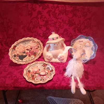 EASTER PLATTER AND PLATES, RABBIT COOKIE JAR AND PLUSH RABBIT