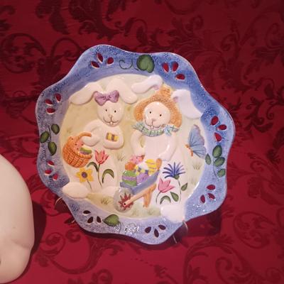 EASTER PLATTER AND PLATES, RABBIT COOKIE JAR AND PLUSH RABBIT