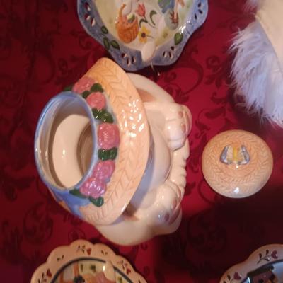 EASTER PLATTER AND PLATES, RABBIT COOKIE JAR AND PLUSH RABBIT