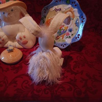 EASTER PLATTER AND PLATES, RABBIT COOKIE JAR AND PLUSH RABBIT