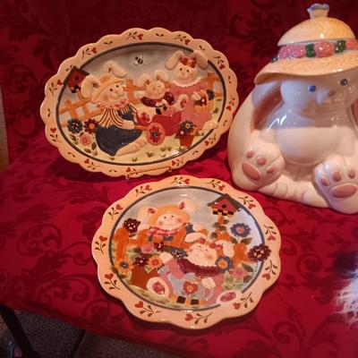 EASTER PLATTER AND PLATES, RABBIT COOKIE JAR AND PLUSH RABBIT