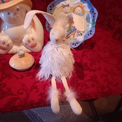 EASTER PLATTER AND PLATES, RABBIT COOKIE JAR AND PLUSH RABBIT