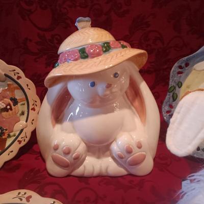 EASTER PLATTER AND PLATES, RABBIT COOKIE JAR AND PLUSH RABBIT