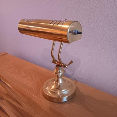 BALDWIN ACROSONIC PIANO WITH BENCH, SHEET MUSIC AND BRASS PIANO LAMP