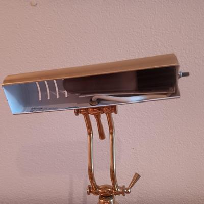 BALDWIN ACROSONIC PIANO WITH BENCH, SHEET MUSIC AND BRASS PIANO LAMP