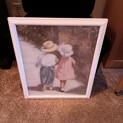 A CHILD'S NAVY BLUE RECLINER AND FRAMED PICTURE