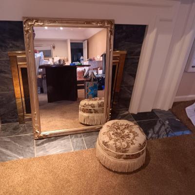 GORGEOUS CAROLINA MIRROR COMPANY WOOD FRAMED, ORNATE MIRROR AND SMALL OTTOMAN