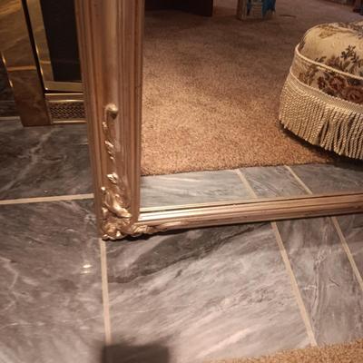 GORGEOUS CAROLINA MIRROR COMPANY WOOD FRAMED, ORNATE MIRROR AND SMALL OTTOMAN