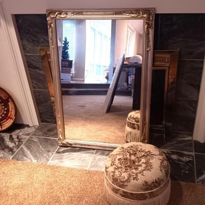 GORGEOUS CAROLINA MIRROR COMPANY WOOD FRAMED, ORNATE MIRROR AND SMALL OTTOMAN