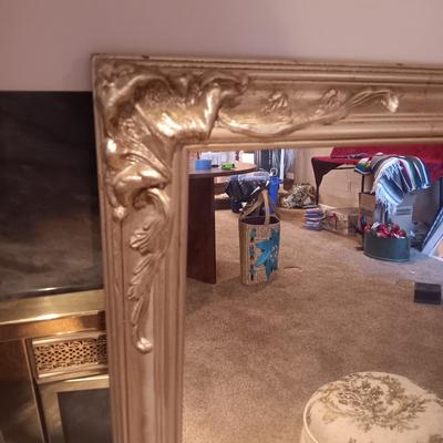 GORGEOUS CAROLINA MIRROR COMPANY WOOD FRAMED, ORNATE MIRROR AND SMALL OTTOMAN