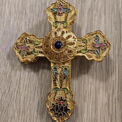 Cloisonne Enamel Cross with Blue Lapis Center Stone