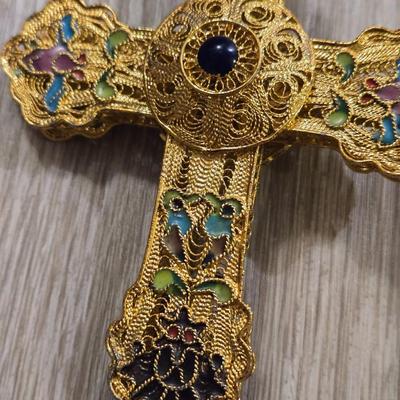 Cloisonne Enamel Cross with Blue Lapis Center Stone