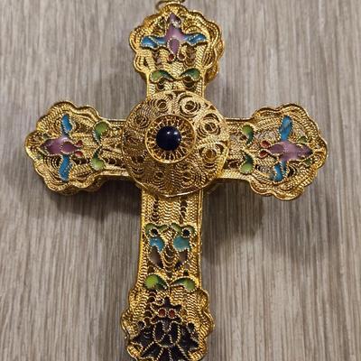 Cloisonne Enamel Cross with Blue Lapis Center Stone