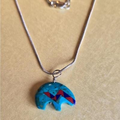 Native American Turquoise Bear Pendant with Lapis & Coral Inlay on a Sterling Italian Chain