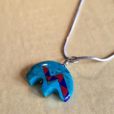 Native American Turquoise Bear Pendant with Lapis & Coral Inlay on a Sterling Italian Chain
