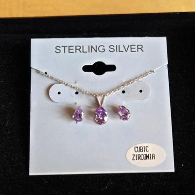 Sterling Silver & Pink Cubic Zirconia Necklace and Earrings