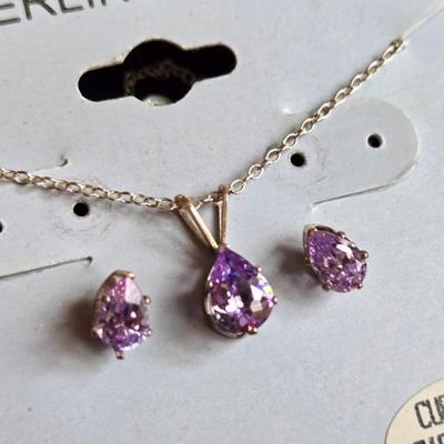 Sterling Silver & Pink Cubic Zirconia Necklace and Earrings